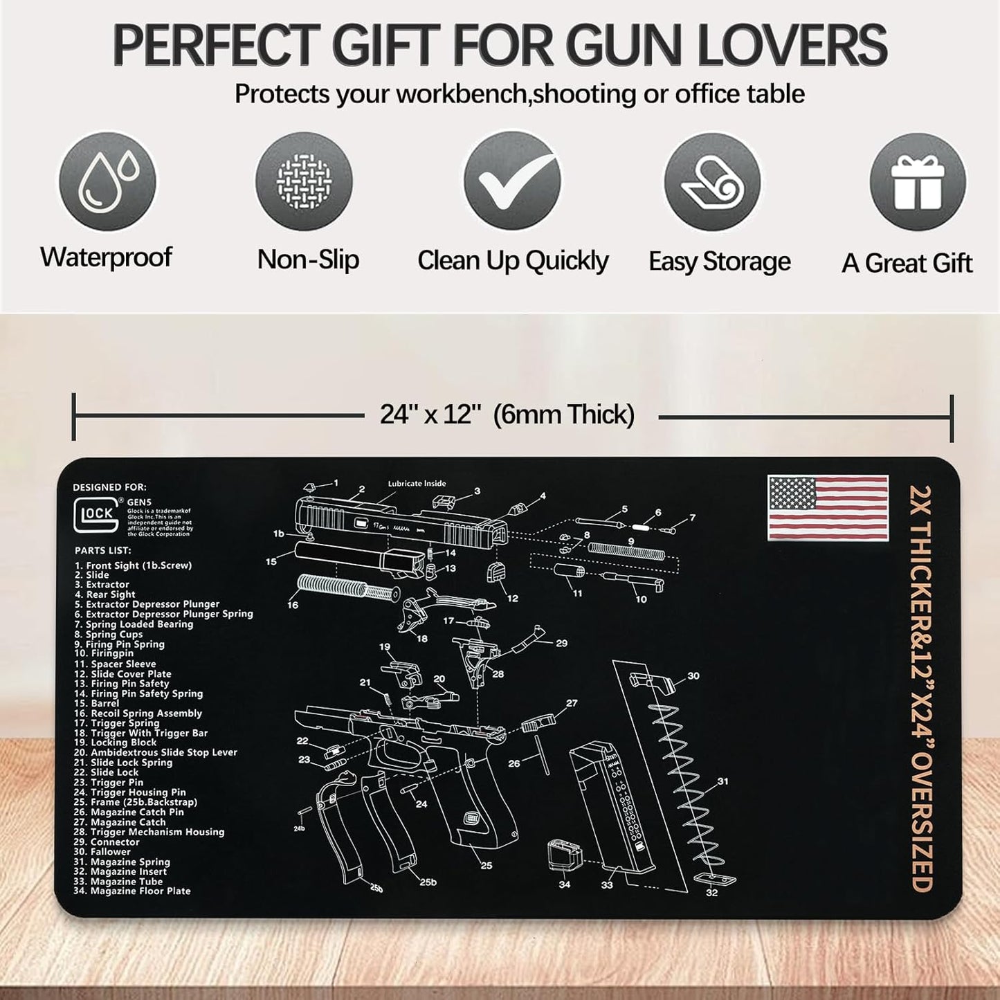 Glock için 24" x 12" Silah Temizleme Matı, Kaymaz Siyah Silah Matı