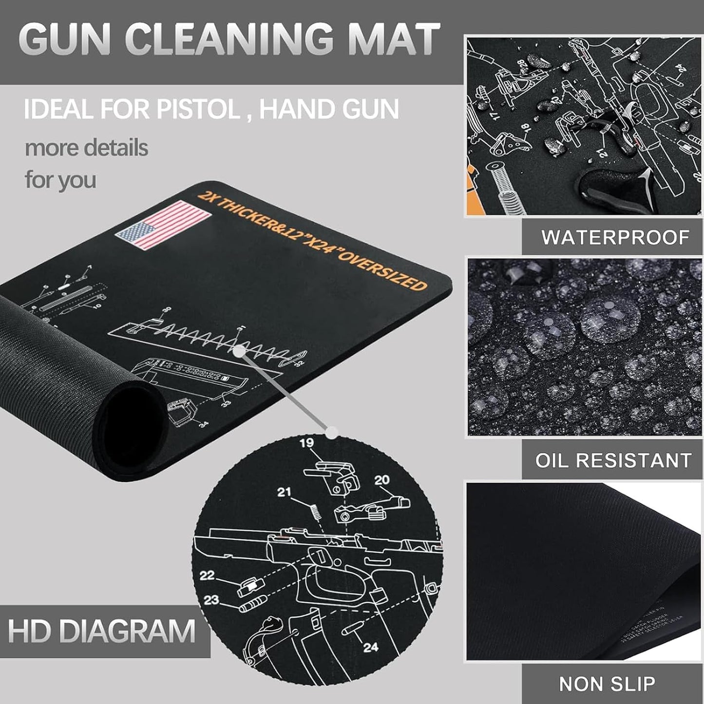 Glock için 24" x 12" Silah Temizleme Matı, Kaymaz Siyah Silah Matı