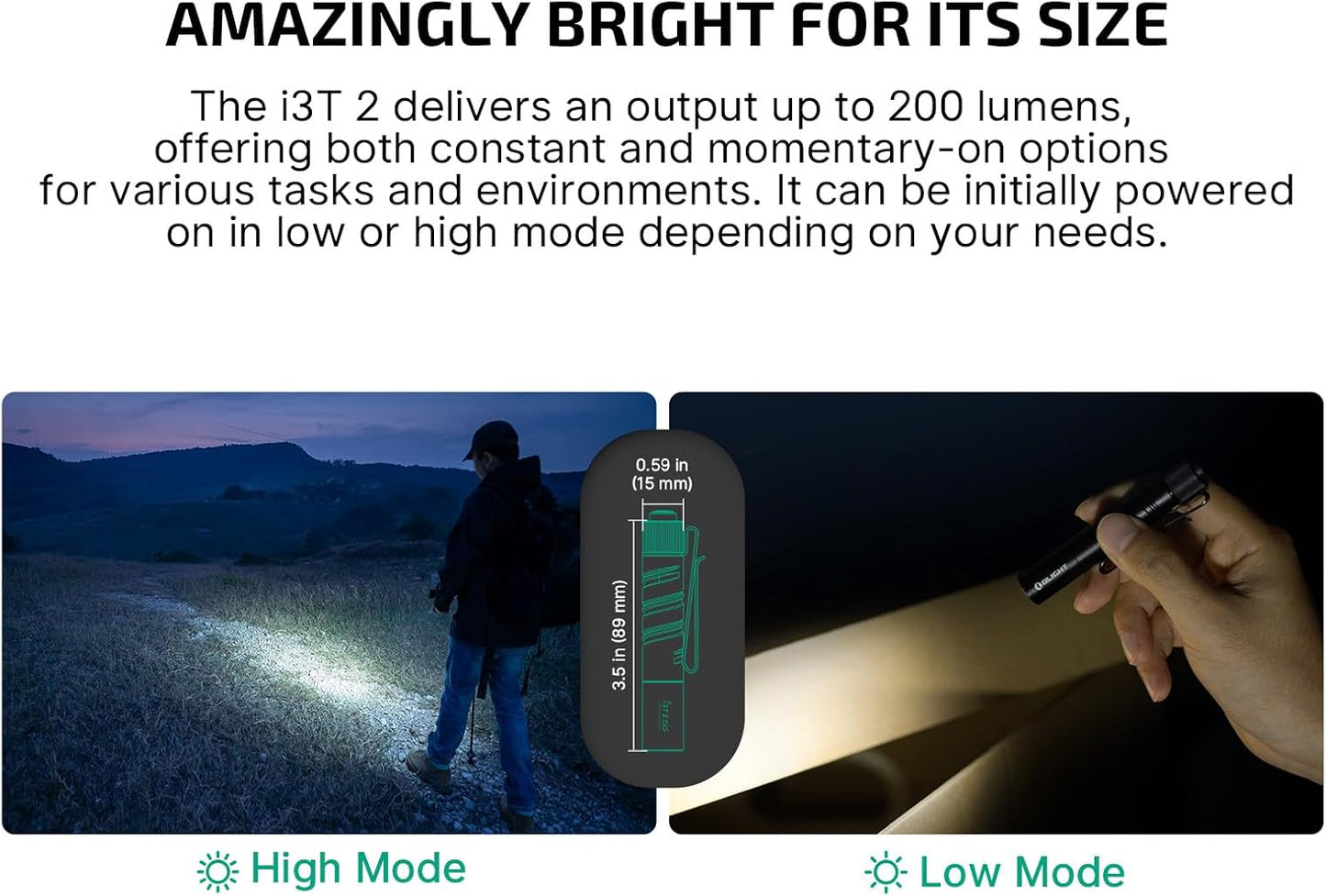 OLIGHT I3T 2 EOS Cep EDC El Feneri, 200 Lümen Kompakt Parlak El Fenerleri, AAA Pil ile Çift Çıkışlı Kuyruk Anahtarı ve Kamp ve Yürüyüş İçin Çift Yönlü Cep Klipsi (OD Yeşil)