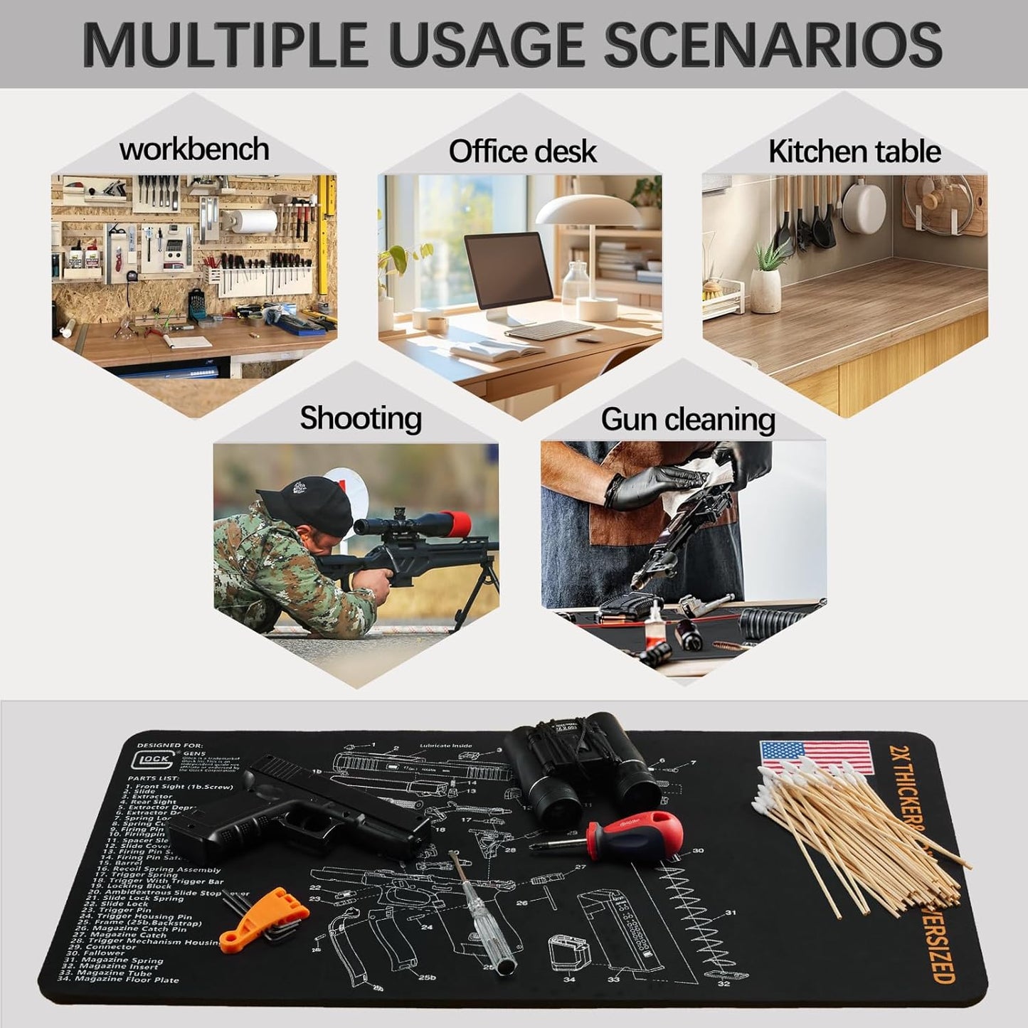Glock için 24" x 12" Silah Temizleme Matı, Kaymaz Siyah Silah Matı
