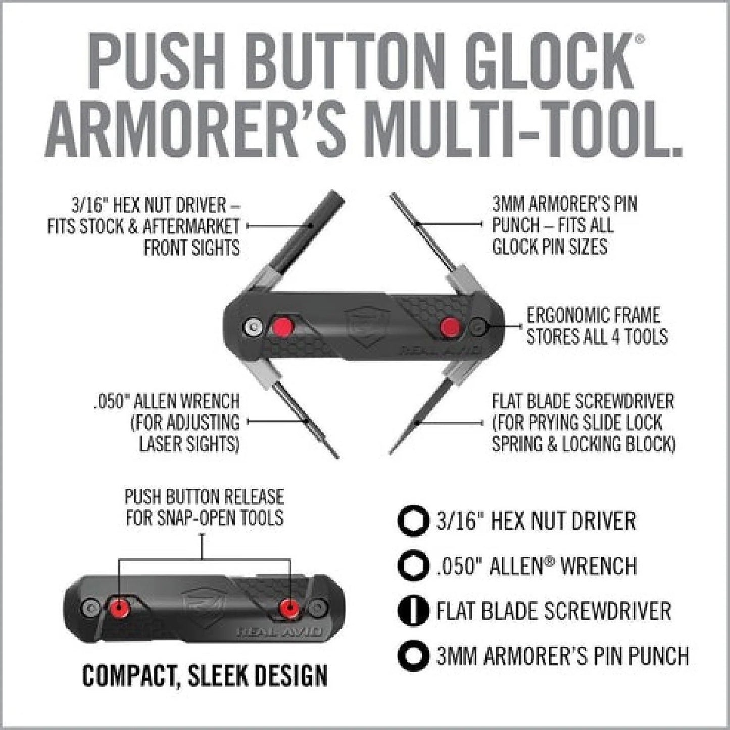 REAL AVID 4-In-1 Tool™ For Glock Push Buton specific tools.
