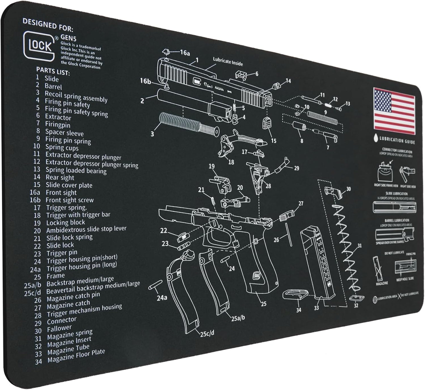 Glock için 24" x 12" Silah Temizleme Matı, Kaymaz Siyah Silah Matı